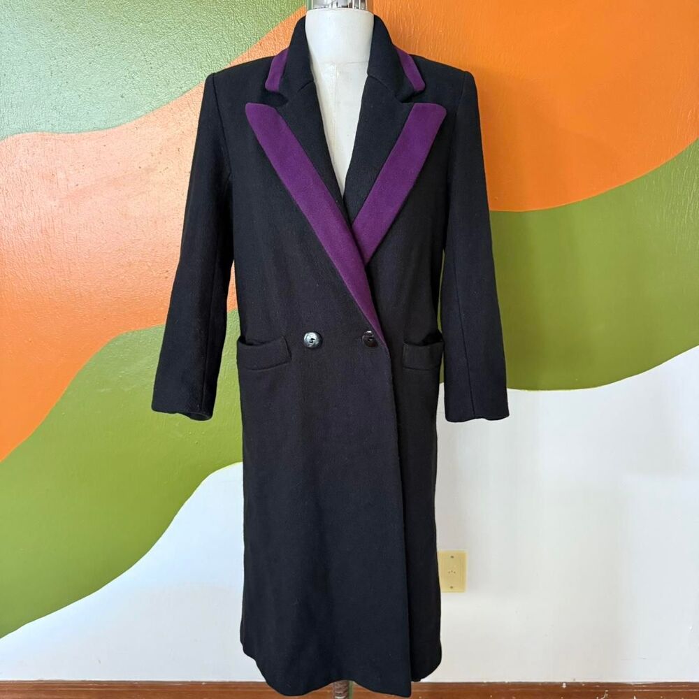 Vtg 80s Jofeld Black Wool Blend Trench Coat Purple Velvet Contrast Lapel Goth S